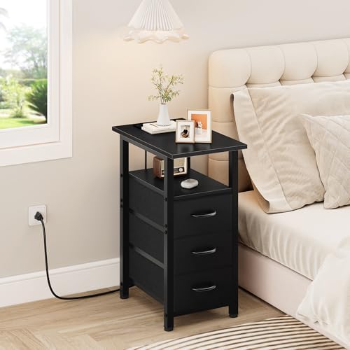 Vagusicc Black End Table with Charging Station, Narrow Side Table, 25.2'' Tall Narrow Nightstand with 3 Fabric Drawers, Slim Sofa Side Table for Small Spaces, Small Night Stand for Bedroom, Black