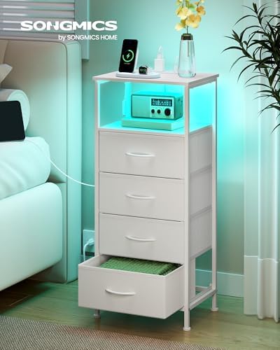 SONGMICS Nightstand with Charging Station, 4 Fabric Drawers