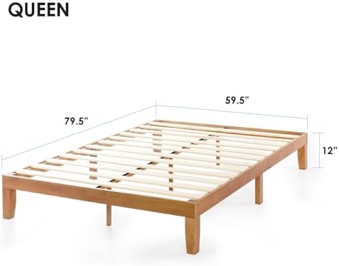 Mellow Naturalista Classic - 12 Inch Solid Wood Platform Bed with Wooden Slats, No Box Spring Needed, Easy Assembly, Queen, Pine