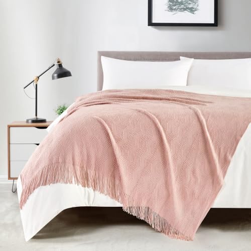 BOURINA Pink Throw Blanket 50x60 Inches Throw Textured Solid Soft Ripple Throws and Blankets for Sofa or Bed Knitted Decorative Throw