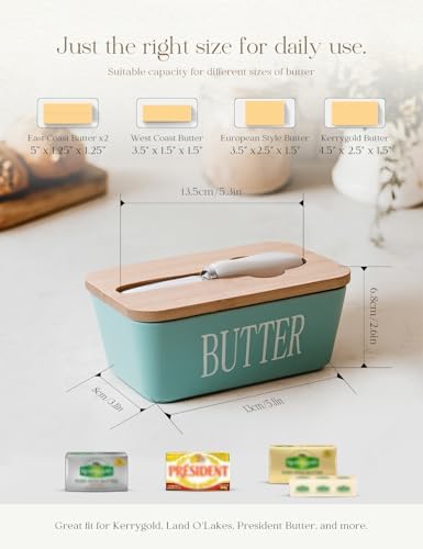 Ceramic Butter Dish with Lid and Knife & Silicone Seal for Countertop Green
