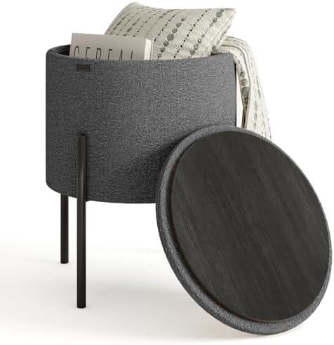 Round Ottoman with Storage, Boucle Storage Foot Stool, Makeup Vanity Stool, Small Ottoman Foot Rest, Modern Ottomans for Living Room and Bedroom, Grey