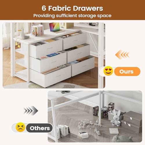 Itaar Full Size Loft Bed with Desk and Storage Stairs, Metal Loft Bed with 6 Storage Drawers, Hall Tree, LED Lights and Power Outlet, for Kids, Teens, Adults, (White, Full)
