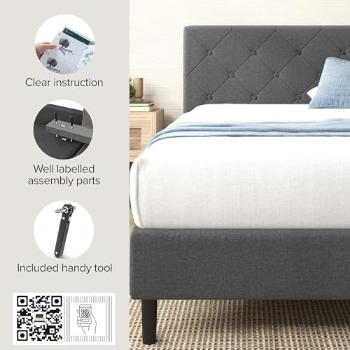 Zinus Full Shalini Upholstered Platform Bed Frame with Headboard [New WonderBox(TM) Version], Wooden Slat Support, No Box Spring Needed, Easy Assembly, Eco Friendly Packaging, Dark Grey