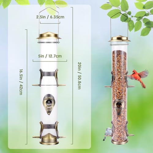 Metal Bird Feeder Tube Hanging Wild Bird Seed Feeder Aluminum Six Port Bird Feeders,1.4 mm Extra Thick Solid Tube Transparent with Steel Hanger Great for Attracting Birds (Bronze 2PK)