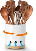 LoeJan 7.3“ 360° Rotating Ceramic Utensil Holder for Kitchen Countertop – Cooking Utensil Crock Organizer with Non-Slip Cork Base for Farmhouse Kitchen Decor, White