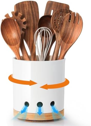 LoeJan 7.3“ 360° Rotating Ceramic Utensil Holder for Kitchen Countertop – Cooking Utensil Crock Organizer with Non-Slip Cork Base for Farmhouse Kitchen Decor, White