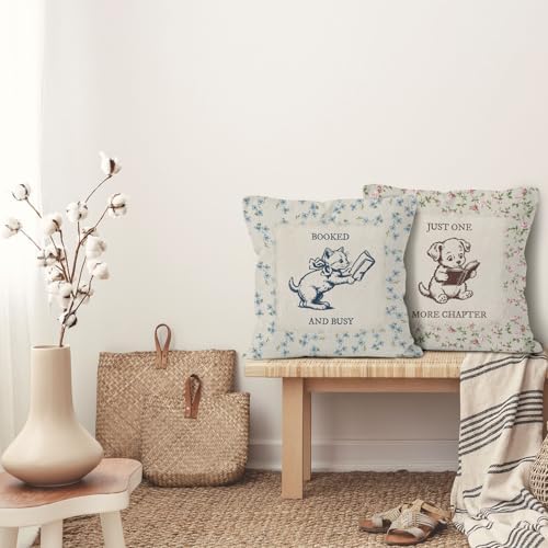Vintage Floral Cat Dog Reading Throw Pillow Cover 18x18 Set of 2, Book Lover Bookworm Gifts Decorative Pillow Covers for Home Library Reading Room, Cottagecore Accent Pillows Cover Pillowcases