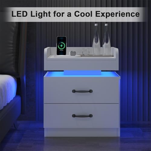 4ever2buy White Nightstand with Charging Station and LED Lights