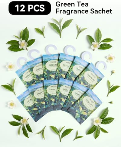 MYARO 12Pcs Green Tea Sachets Hanging Car Air Freshener, Closet Deodorizer