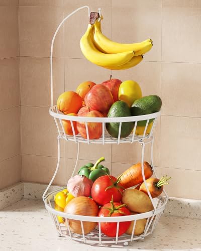 SAYZH 2-Tier Large Fruit Basket Bowl for Kitchen Counter with Banana Hanger