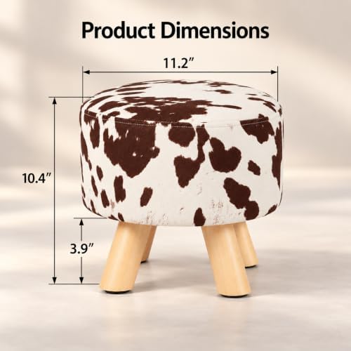 Small Round Ottoman Foot Stool, 10.4" H Footrest for Under Desk & Mini Spaces, Upholstered Linen Fabric Accent Stool for Living Room & Bedroom, Brown Cow