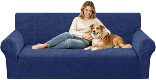 ZNSAYOTX Stretch Couch Cover, 1 Piece Sofa Covers for 3 Cushion Couch, Jacquard Sofa Slipcovers with Elastic Bottom Thickened Furniture Protector for Dog Cat Pet (Large, Navy Blue)