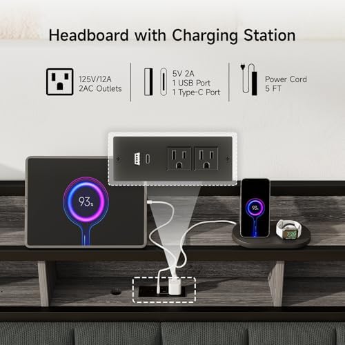 Full Headboard Only with Storage, Charging Station, Black & Grey