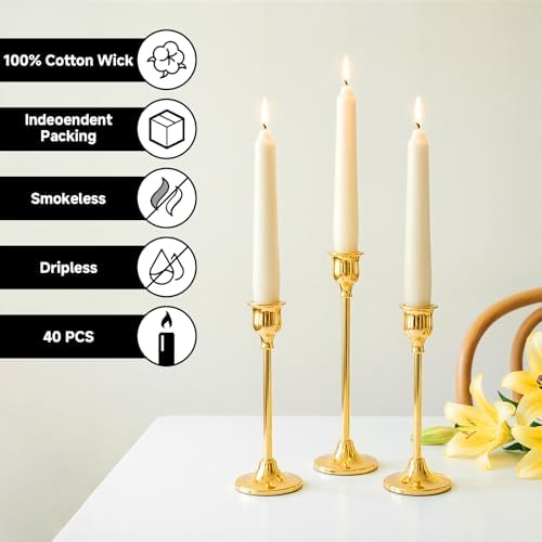 40 Pack Ivory Taper Candles, 10 Inch Unscented Paraffin Dinner Candles