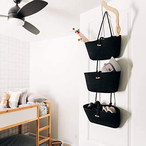 OrganiHaus Over the Door Organizer, Woven Rope Hanging Baskets, 3-Tier