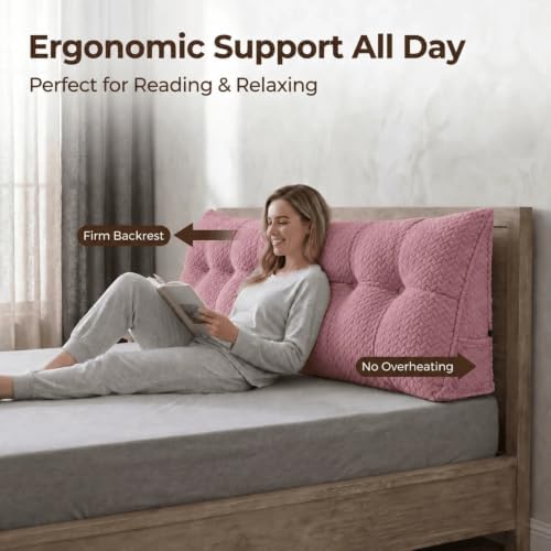 Headboard Pillow Queen Size, Reading Pillow for Bed, Leaf Pattern Wedge Pillow, Tufted Backrest Support, Headboard Substitute, Pink