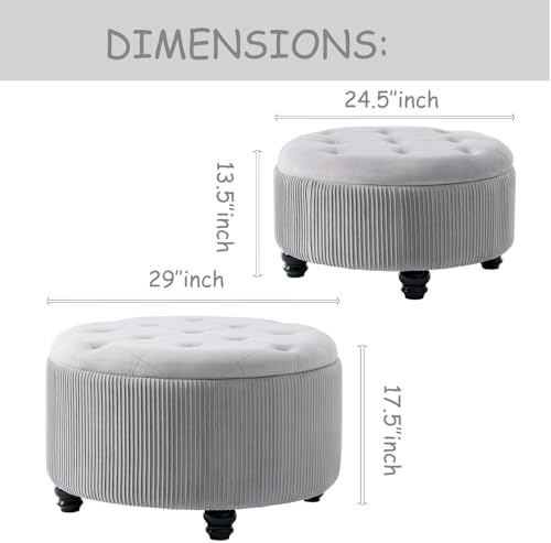 29'' & 24.5'' Round Storage Ottoman Coffee Table Set of 2, Light Gray