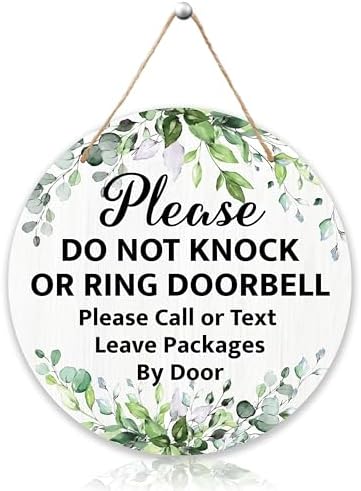 Please Do Not Knock Or Ring Doorbell Hanging Sign, Greenery Wooden Round Door Hanger For House Gate Fence Yard Front Door, Not Disturb No Soliciting Sign For Outdoor Porch -06