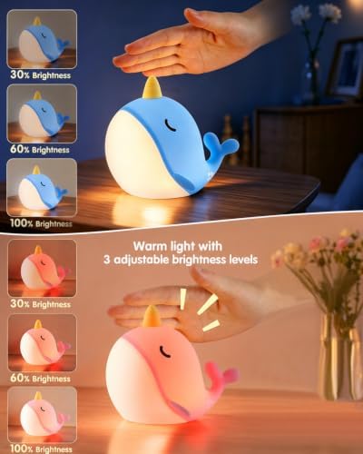 Fuloon Narwhal Night Light, 3 Dimming Silicone Touch Lamp with Rechargeable Battery & Timer, Cute Squishy Unicorn Whale Desk Decor, Funny White Elephant Gift for Adults Teens Kids (Pink+Blue 2PCS)