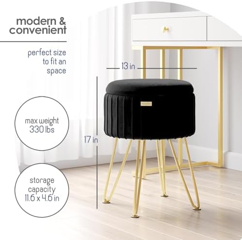 Round Ottoman with Storage, Pleated Velvet Storage Ottoman, Foot Stool Ottomans, Makeup Vanity Stool, Small Ottomans Foot Rest, Modern Vanity Stools for Living Room and Bedroom, Black