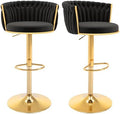 Gold Bar Stools Set of 2, Modern Adjustable Bar Height Barstools, Velvet Swivel Bar Chairs with Woven Backrest, Metal Footrest & Base, Upholstered Counter Stools for Kitchen Island, Black