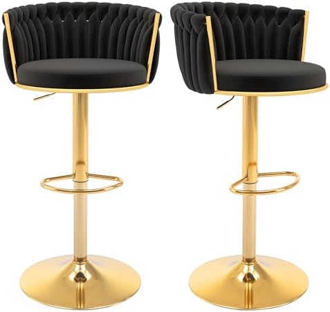 Gold Bar Stools Set of 2, Modern Adjustable Bar Height Barstools, Velvet Swivel Bar Chairs with Woven Backrest, Metal Footrest & Base, Upholstered Counter Stools for Kitchen Island, Black