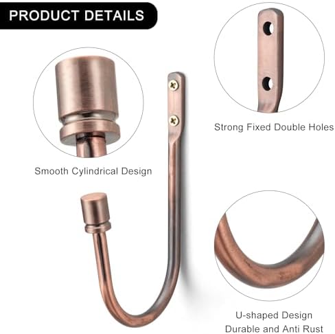 Brass Curtain Holdbacks 2pcs, Wall Mounted Drapery Tiebacks with Screws, Heavy Duty Metal Decorative Window Drapery Holder Curtain Hook