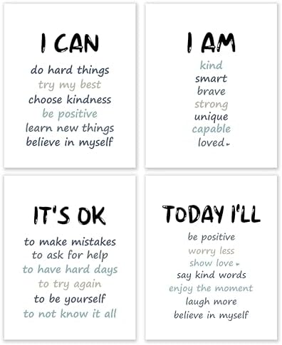 BESERH Positive Affirmation Wall Decor, Inspirational Motivational Quote Wall Art Prints Posters for Classroom Kids Room Nursery Playroom, 8x10 Inches Set of 4 Unframed (blue)