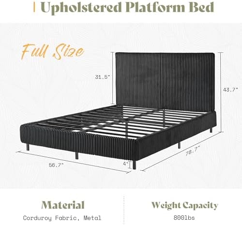 AMERLIFE Upholstered Bed Frame, Metal Bed with Headboard, Full Black