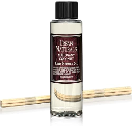 Urban Naturals Reed Diffuser Oil Refill, Mahogany Coconut Diffuser Oils with Sandalwood, Coconut, Oakmoss, 4 oz + Free Reed Sticks, Made in the USA