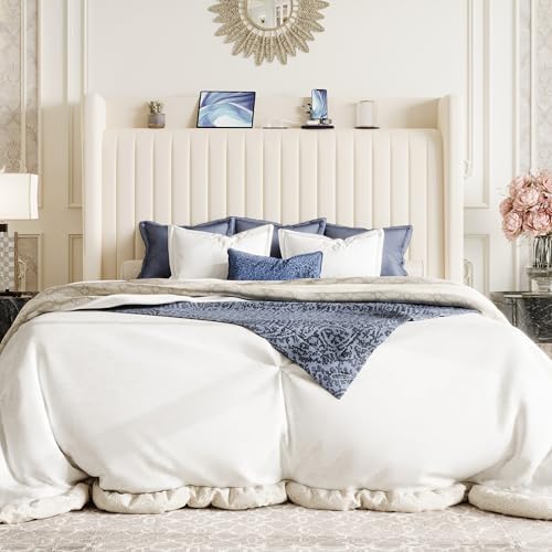 SHA CERLIN Full Size Velvet Bed Frame with Shelf, Charging Station, Cream