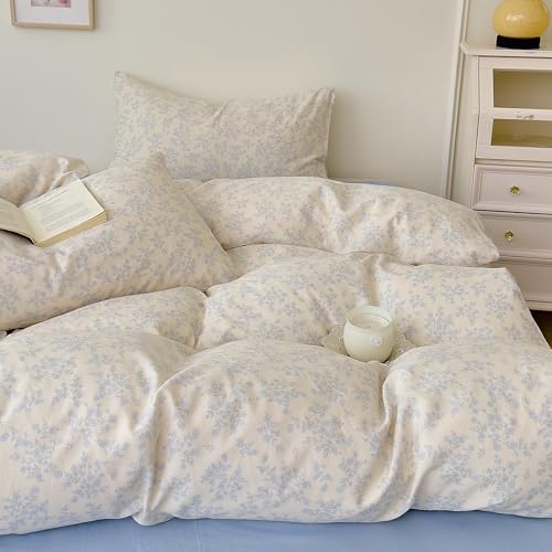 HighBuy Muslin Duvet Cover Queen Bedding Set,Comfy Soft Gauze Chic Blue Floral Print Quilt Comforter Cover with 2 Pillowcases,French Country Floral Bedding Set Zipper Closure,All Season