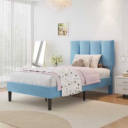 VECELO Twin Size Bed Frame with Upholstered Headboard, Light Blue