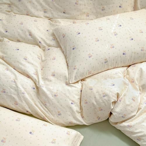 Duvet Cover Full Size 100% Cotton Double Layer Muslin,Cute Beige Cherry Bedding Set 3 Pcs,Breathable Soft Gazue Comforter Cover with Zipper Ties for Teen Girls Women 80"×90"