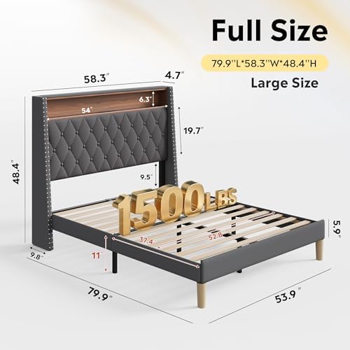 WLIVE Full Size Upholstered Bed Frame with 48'' Tall Wingback Headboard, Velvet Square Tufted Platform Beds with Charging Station, Sturdy Metal & Wooden Slats Support, Grey