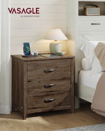 VASAGLE 23.6‑Inch Farmhouse Nightstand with Charging Station, 3 Drawers