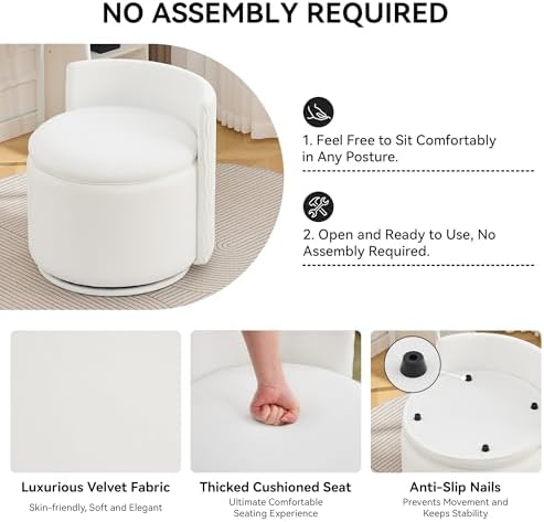 WUTUTUEE Large Velvet Vanity Chair with Storage, 360° Swivel Makeup Chair with Wave Back, No Assembly Small Accent Stool for Bedroom, Dressing, Living Room, White