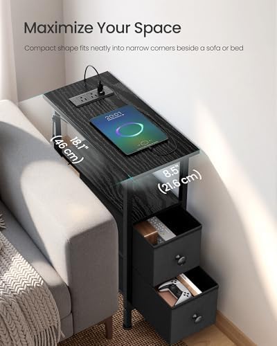 SONGMICS Side Table with LED Light, Narrow End Table with 2 Fabric Drawers
