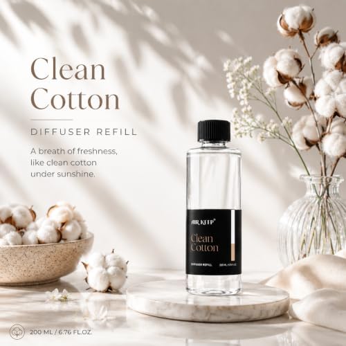 Airkeep Clean Cotton Reed Diffuser Refill – 6.76 fl oz – Premium Scented Oil for Home Aromatherapy – Long-Lasting Fragrance for Reed Diffusers – Perfect for Bathroom, Bedroom & Home Decor
