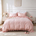 Simple&Opulence Kids 100% Organic Cotton Duvet Cover with Ruffle 78 x 86-3 PCS High End Floral Frill Lace Bedding, Romantic Cottagecore Style Comforter Cover with 2 Pillowcases, Peach Pink, Full