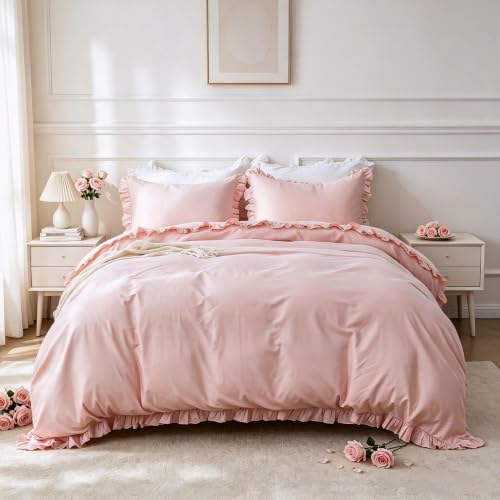 Simple&Opulence Kids 100% Organic Cotton Duvet Cover with Ruffle 78 x 86-3 PCS High End Floral Frill Lace Bedding, Romantic Cottagecore Style Comforter Cover with 2 Pillowcases, Peach Pink, Full