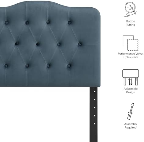 Modway Annabel Performance Velvet Adjustable Twin Headboard in Cadet Blue - Stain-Resistant Padded Headboard Only with Diamond Button Tufting and 7 Height-Adjustable Positions