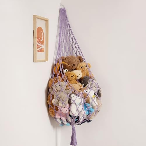 Amdermi Upgrade Stuffed Animal Hammock Corner or Wall Hanging Net for Stuffy Animal Storage Macrame Toy Display Over Door Toy Holder Kid Bedroom Decor Playroom Organizer (Purple XL)