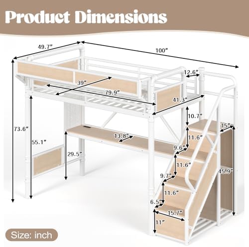 Twin XL Size Metal Loft Bed Frame with Staircase & Built-in Desk & Wardrobe, Loft Bed with Pegboard & Mesh Storage Baskets & Slats, No Box Spring Required, Easy Assembly, for Bedroom, White
