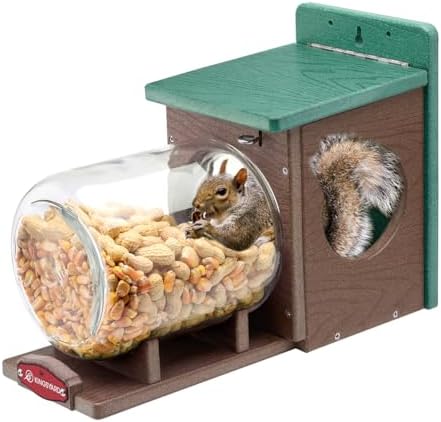 Kingsyard Recycled Plastic Squirrel Feeder for Outside, Squirrel Feeder Box with Peanuts Corn Storage Jar, Sturdy & Durable, Weatherproof (Green & Brown)