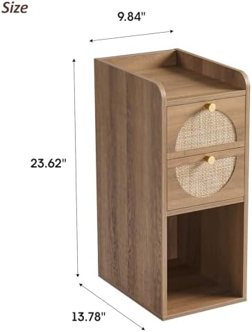 Narrow Nightstand Set of 2 (Rattan & Wood) - Small Bedside Table with 2 Drawers, Open Shelf, Mid Century Modern End Table - for Bedroom, Living Room & Small Spaces, Rustic Oak Rattan
