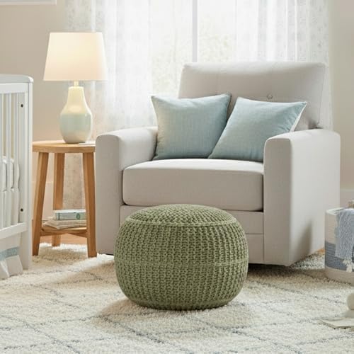 BIRDROCK HOME Round Pouf Ottoman Foot Rest, 18.5”x15”, Herbal Olive Green