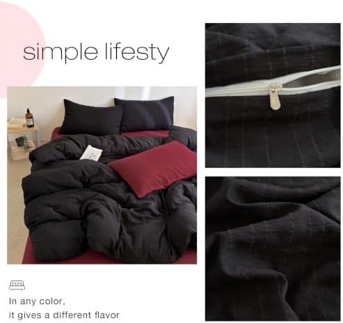 3Pcs Retro Black Stripes Textured Duvet Cover Set King Size, Zipper & Ties