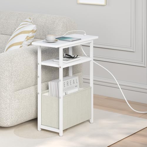 sthmec Narrow Side Table with Charging Station, Small End Table for Small Spaces, Skinny Nightstands with Storage Basket, 3 Tier Sofa Couch Bedside Tables for Living Room,Bedroom, White